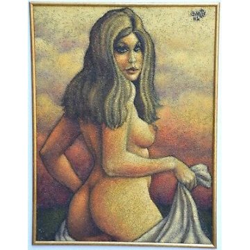 ANTICO QUADRO L. Caizzi DIPINTO OLIO TELA Belgirate 1984 NUDO DONNA FELLINIANA