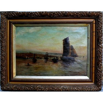 ANTICO QUADRO OLIO TELA I.G. Muller  PAESAGGIO MARINA BARCHE VELIERO TRAMONTO