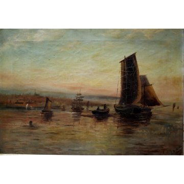 ANTICO QUADRO OLIO TELA I.G. Muller  PAESAGGIO MARINA BARCHE VELIERO TRAMONTO