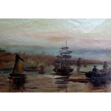 ANTICO QUADRO OLIO TELA I.G. Muller  PAESAGGIO MARINA BARCHE VELIERO TRAMONTO