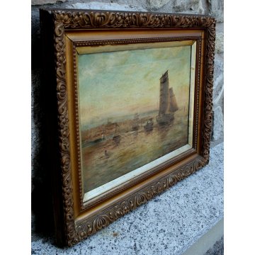 ANTICO QUADRO OLIO TELA I.G. Muller  PAESAGGIO MARINA BARCHE VELIERO TRAMONTO