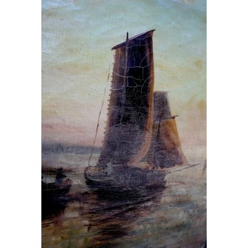 ANTICO QUADRO OLIO TELA I.G. Muller  PAESAGGIO MARINA BARCHE VELIERO TRAMONTO