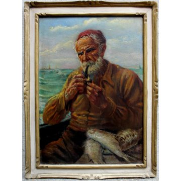 ANTICO DIPINTO G.Maldarelli OLIO TAVOLA RITRATTO PESCATORE MARINA PESCI PIPA 900