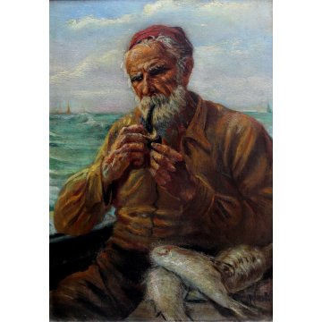 ANTICO DIPINTO G.Maldarelli OLIO TAVOLA RITRATTO PESCATORE MARINA PESCI PIPA 900