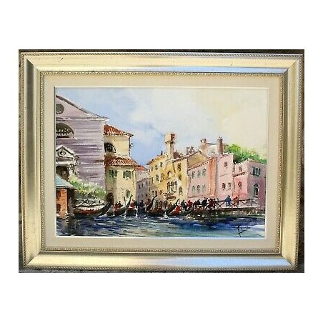 GRANDE QUADRO ACQUERELLO Antonello Zecca VENEZIA IMBARCADERO Canale Gondole  