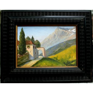 ANTICO QUADRO DIPINTO OLIO TAVOLA PAESAGGIO MONTANO BORGO A. Barbieri '800/'900