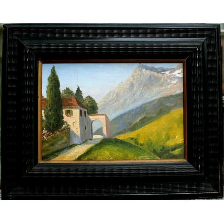 ANTICO QUADRO DIPINTO OLIO TAVOLA PAESAGGIO MONTANO BORGO A. Barbieri '800/'900