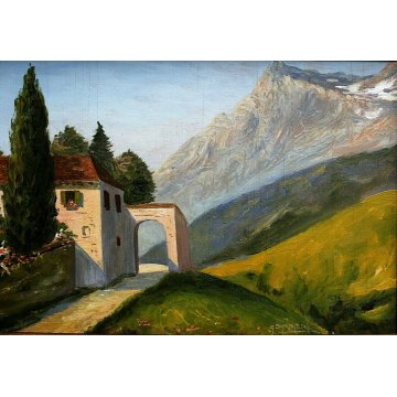 ANTICO QUADRO DIPINTO OLIO TAVOLA PAESAGGIO MONTANO BORGO A. Barbieri '800/'900