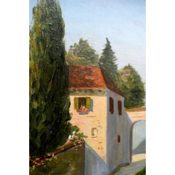 ANTICO QUADRO DIPINTO OLIO TAVOLA PAESAGGIO MONTANO BORGO A. Barbieri '800/'900