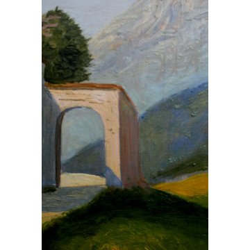 ANTICO QUADRO DIPINTO OLIO TAVOLA PAESAGGIO MONTANO BORGO A. Barbieri '800/'900