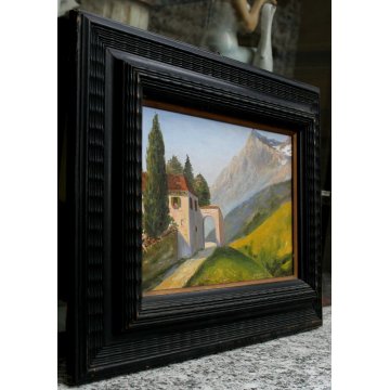 ANTICO QUADRO DIPINTO OLIO TAVOLA PAESAGGIO MONTANO BORGO A. Barbieri '800/'900