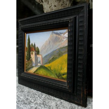 ANTICO QUADRO DIPINTO OLIO TAVOLA PAESAGGIO MONTANO BORGO A. Barbieri '800/'900