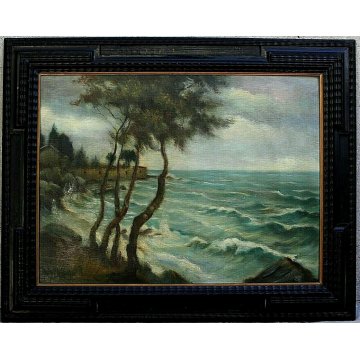 ANTICO DIPINTO G.Maldarelli OLIO TAVOLA MARINA PAESAGGIO MARE MOSSO ONDE '800