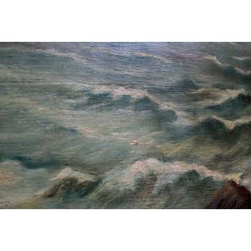 ANTICO DIPINTO G.Maldarelli OLIO TAVOLA MARINA PAESAGGIO MARE MOSSO ONDE '800