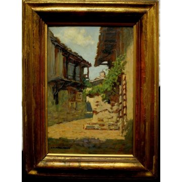 QUADRO DIPINTO OLIO TAVOLA C.C.Tagliabue  PAESAGGIO CAMPANILE RUSTICO VALSASSINA