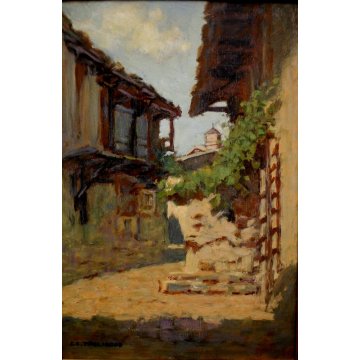 QUADRO DIPINTO OLIO TAVOLA C.C.Tagliabue  PAESAGGIO CAMPANILE RUSTICO VALSASSINA