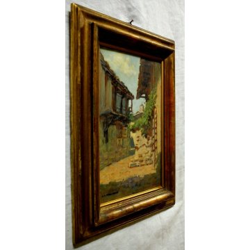 QUADRO DIPINTO OLIO TAVOLA C.C.Tagliabue  PAESAGGIO CAMPANILE RUSTICO VALSASSINA