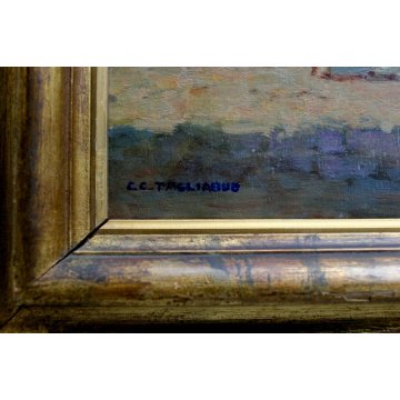 QUADRO DIPINTO OLIO TAVOLA C.C.Tagliabue  PAESAGGIO CAMPANILE RUSTICO VALSASSINA