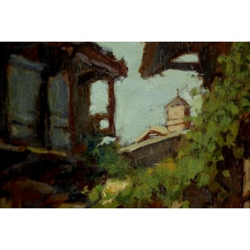 QUADRO DIPINTO OLIO TAVOLA C.C.Tagliabue  PAESAGGIO CAMPANILE RUSTICO VALSASSINA