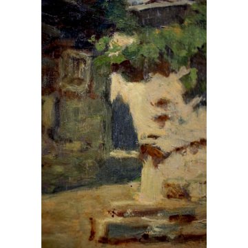 QUADRO DIPINTO OLIO TAVOLA C.C.Tagliabue  PAESAGGIO CAMPANILE RUSTICO VALSASSINA