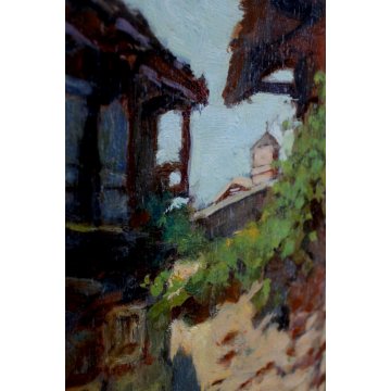 QUADRO DIPINTO OLIO TAVOLA C.C.Tagliabue  PAESAGGIO CAMPANILE RUSTICO VALSASSINA