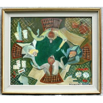 ANTICO QUADRO DIPINTO OLIO TELA Biancini PARTITA A CARTE FIGURE DONNE GIOCO 1964