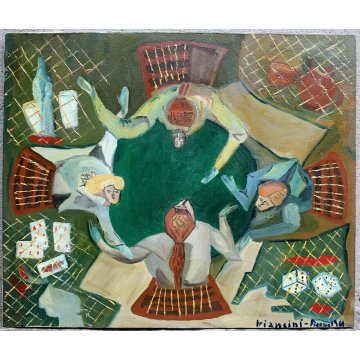 ANTICO QUADRO DIPINTO OLIO TELA Biancini PARTITA A CARTE FIGURE DONNE GIOCO 1964