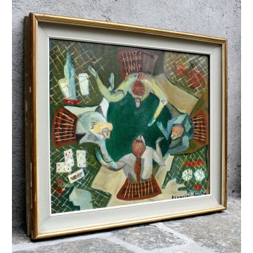 ANTICO QUADRO DIPINTO OLIO TELA Biancini PARTITA A CARTE FIGURE DONNE GIOCO 1964