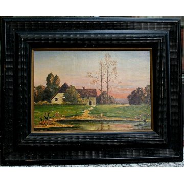 ANTICO QUADRO DIPINTO OLIO TAVOLA A. Barbieri PAESAGGIO MONTANO BAITA TRAMONTO 