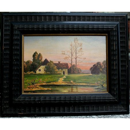 ANTICO QUADRO DIPINTO OLIO TAVOLA A. Barbieri PAESAGGIO MONTANO BAITA TRAMONTO 