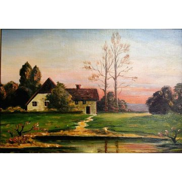 ANTICO QUADRO DIPINTO OLIO TAVOLA A. Barbieri PAESAGGIO MONTANO BAITA TRAMONTO 