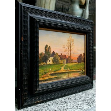 ANTICO QUADRO DIPINTO OLIO TAVOLA A. Barbieri PAESAGGIO MONTANO BAITA TRAMONTO 