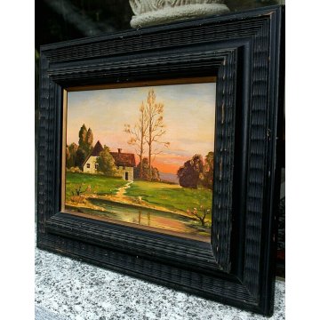 ANTICO QUADRO DIPINTO OLIO TAVOLA A. Barbieri PAESAGGIO MONTANO BAITA TRAMONTO 