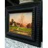 ANTICO QUADRO DIPINTO OLIO TAVOLA A. Barbieri PAESAGGIO MONTANO BAITA TRAMONTO 