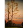ANTICO QUADRO DIPINTO OLIO TAVOLA A. Barbieri PAESAGGIO MONTANO BAITA TRAMONTO 