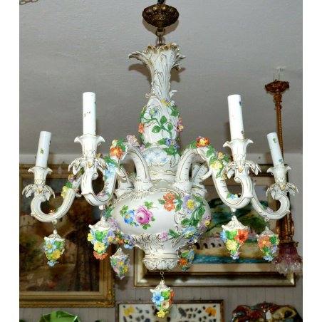 ANTICO LAMPADARIO CERAMICA Dresden DIPINTO EPOCA 800 OLD PORCELAIN CHANDELIER