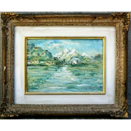 ANTICO PICCOLO QUADRO DIPINTO OLIO TAVOLA PAESAGGIO ASTRATTO MONTAGNA metà '900