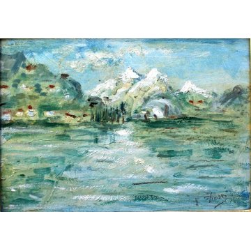 ANTICO PICCOLO QUADRO DIPINTO OLIO TAVOLA PAESAGGIO ASTRATTO MONTAGNA metà '900