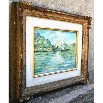 ANTICO PICCOLO QUADRO DIPINTO OLIO TAVOLA PAESAGGIO ASTRATTO MONTAGNA metà '900