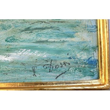 ANTICO PICCOLO QUADRO DIPINTO OLIO TAVOLA PAESAGGIO ASTRATTO MONTAGNA metà '900