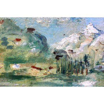 ANTICO PICCOLO QUADRO DIPINTO OLIO TAVOLA PAESAGGIO ASTRATTO MONTAGNA metà '900