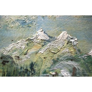 ANTICO PICCOLO QUADRO DIPINTO OLIO TAVOLA PAESAGGIO ASTRATTO MONTAGNA metà '900