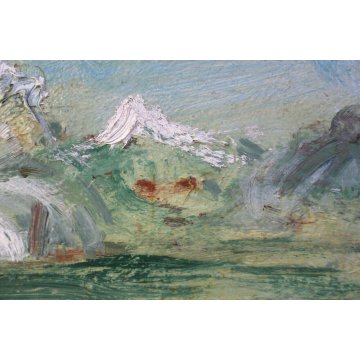 ANTICO PICCOLO QUADRO DIPINTO OLIO TAVOLA PAESAGGIO ASTRATTO MONTAGNA metà '900