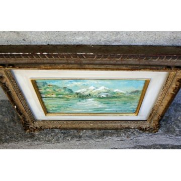 ANTICO PICCOLO QUADRO DIPINTO OLIO TAVOLA PAESAGGIO ASTRATTO MONTAGNA metà '900