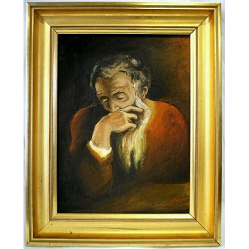 ANTICO PICCOLO QUADRO OLIO CARTONE Jkekz RITRATTO ANZIANO con BARBA ASSORTO '900