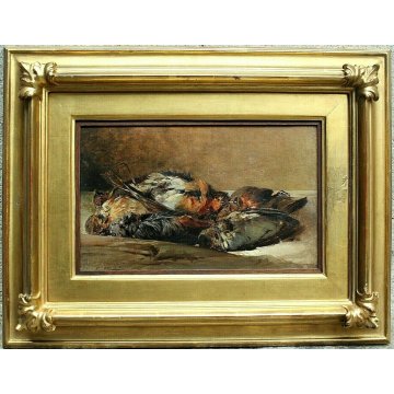 ANTICO QUADRO DIPINTO OLIO TELA FIRMATO NATURA MORTA CACCIAGIONE con UCCELLI