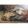 ANTICO QUADRO DIPINTO OLIO TELA FIRMATO NATURA MORTA CACCIAGIONE con UCCELLI