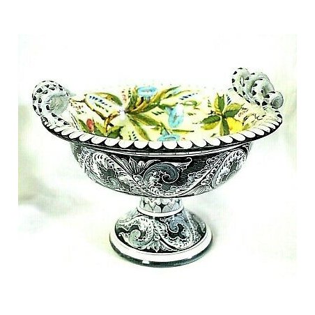 ANTICA ALZATA Turi ALBISSOLA CERAMICA SMALTATA POLICROMA FIORI FRUTTA BIANCO BLU