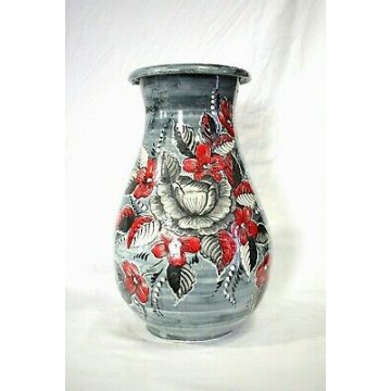 VASO Turi D'ALBISSOLA CERAMICA SMALTATA FIORI GRIGIO STRIATO ROSSO NERO POTTERY