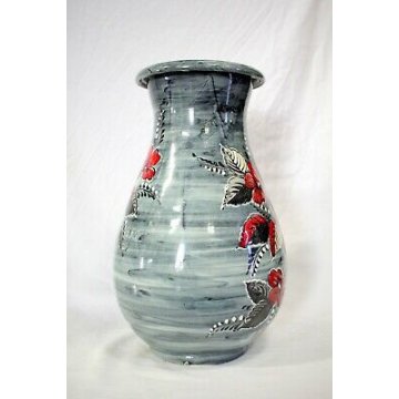 VASO Turi D'ALBISSOLA CERAMICA SMALTATA FIORI GRIGIO STRIATO ROSSO NERO POTTERY